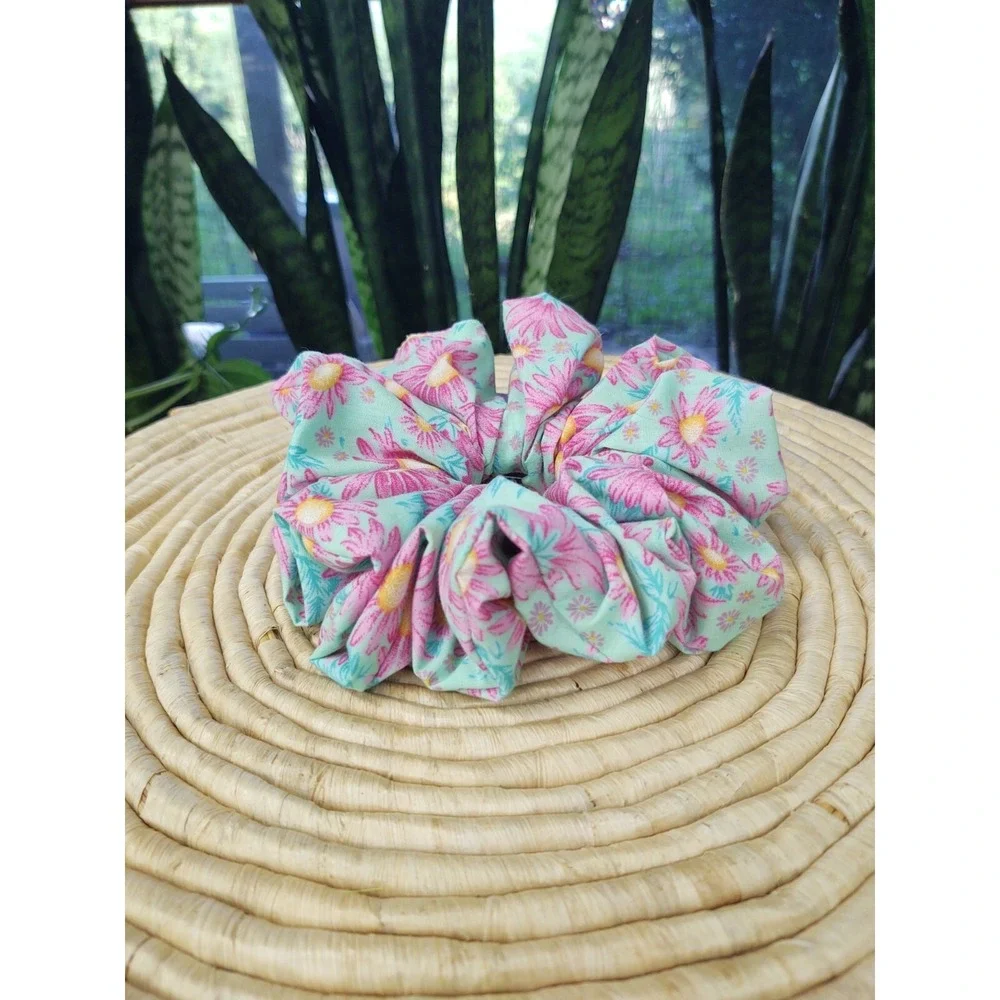 Mint Green Aster Floral Polyester Cotton Blend XXL‎ Scrunchie 7